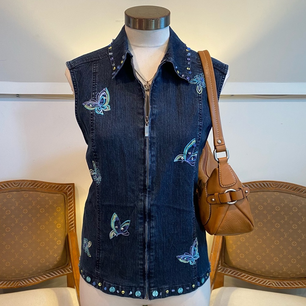Vintage Sleeveless Dark Denim Butterfly Zip Vest with Sequins, Size M/L